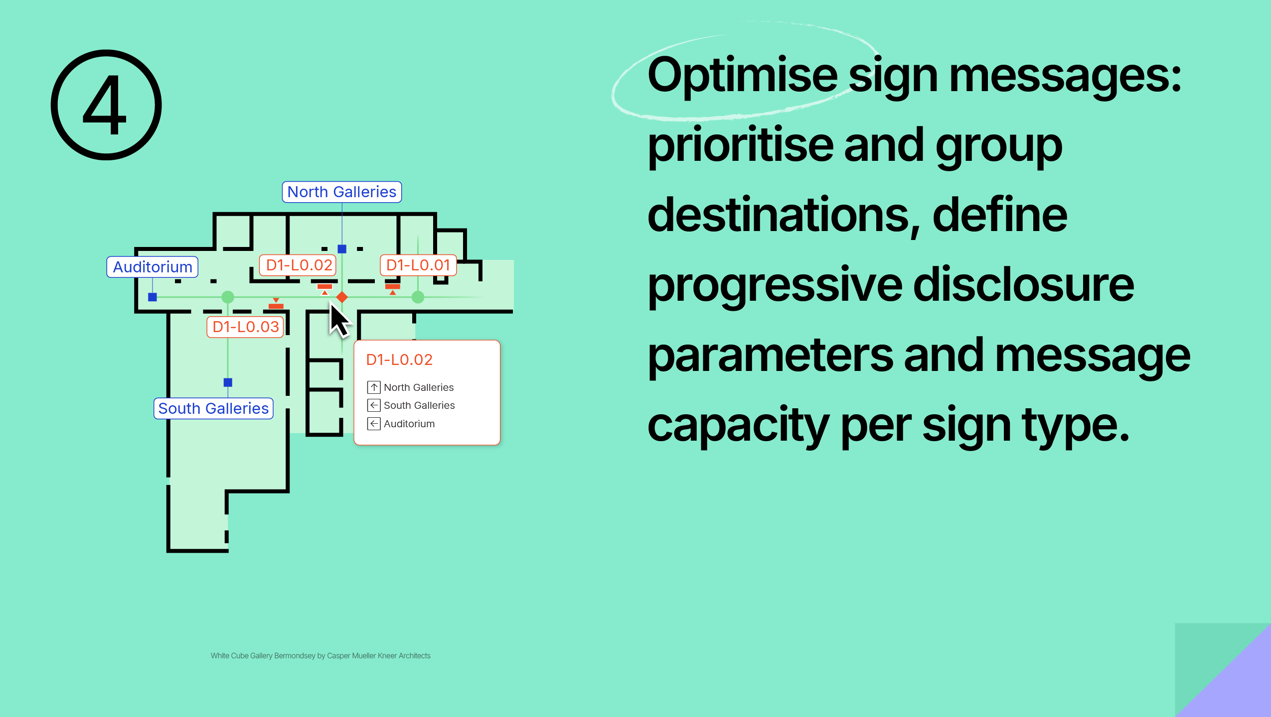 Step 4 — optimise messages: prioritise and group destinations, tweak progressive disclosure and sign type capacities