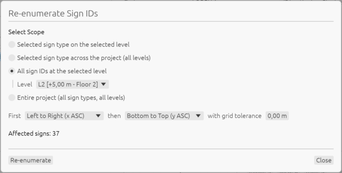 Re-enumerate Sign IDs dialog with the selected level, first and second numbering directions, grid tolerance and affected-sign count