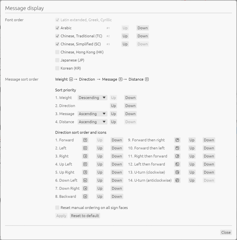Message display settings showing direction order and icons, including four L-shaped directions and clockwise and anticlockwise U-turns
