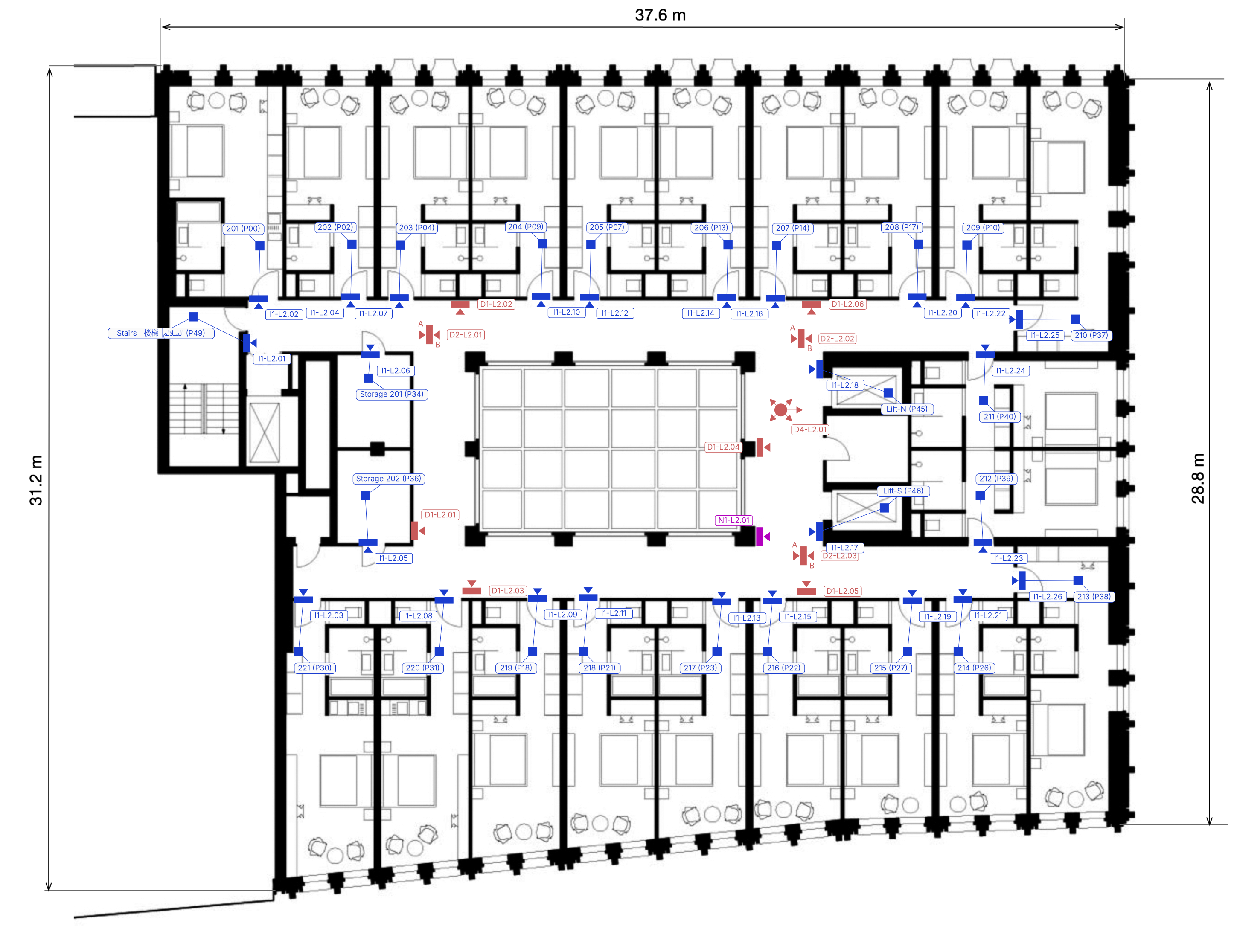 Sign location plan example — sign instances with unique IDs over a calibrated floor plan, exported from Wayfinding Planner