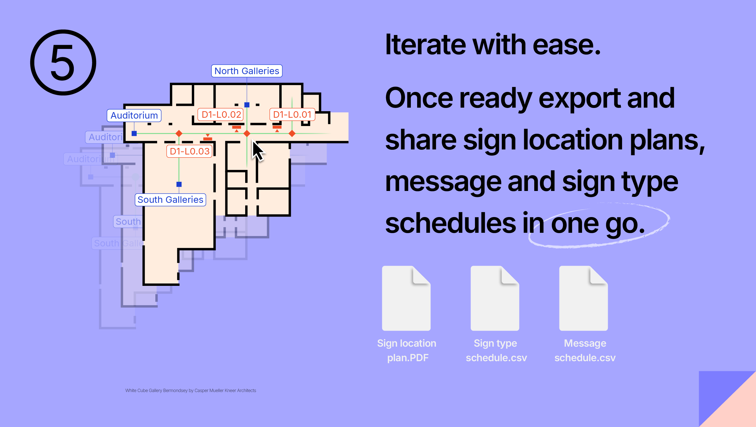 Step 5 — Iterate freely. Once ready batch-export location plans (PDF/SVG), message schedules and sign schedules / BoQ (CSV)