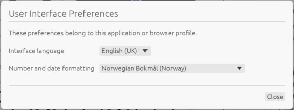 User Interface Preferences with English UK selected for the interface and Norwegian Bokmål selected for number and date formatting