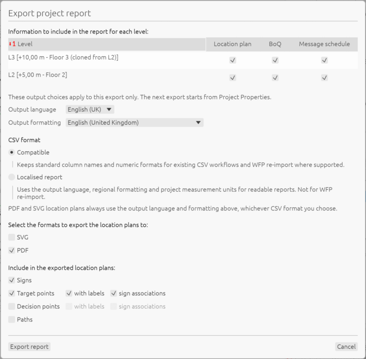 WFP report export dialog showing output formatting, Compatible and Localised report CSV options, and PDF and SVG plan choices